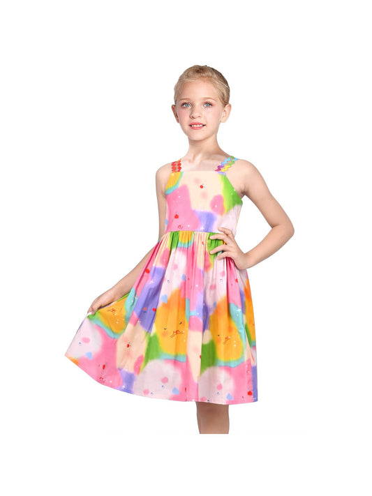 Girls Dress Rainbow Colorful Cartoon Zigzag Spaghetti Sundress Cotton Pink