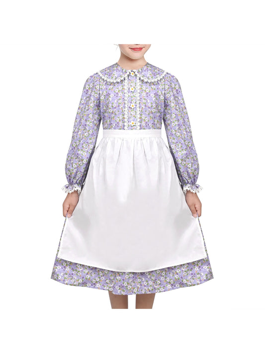 Girls Dress 3 Piece Set Pinafore Hat Colonial Party Floral Vintage Purple