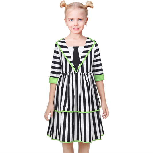 Girls Dress Black White Striped Gothic 1950s Retro Tiered Halloween Black