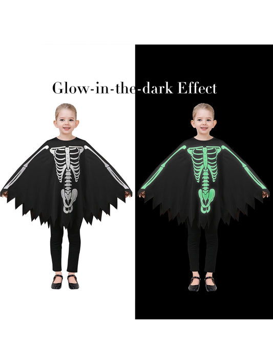 Girls Dress Black Glow in The Dark Skeleton Cloak Cape Costume Halloween Black
