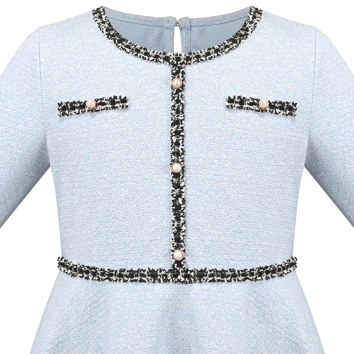 Girls Dress Blue Crewneck Pearl Tweed Elegant Vintage Long Sleeve Casual - Sky Blue