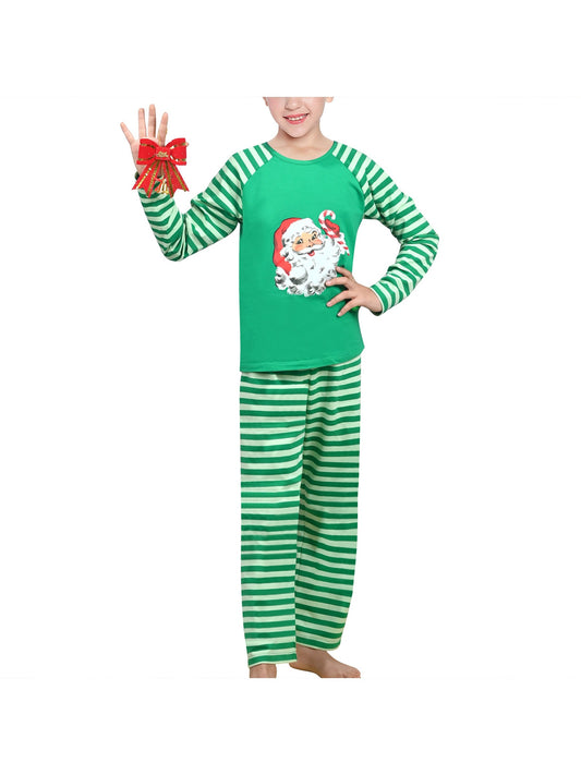 Girls Outfit Set 2 Piece Green Tee Striped Pants Christmas Santa Claus Green