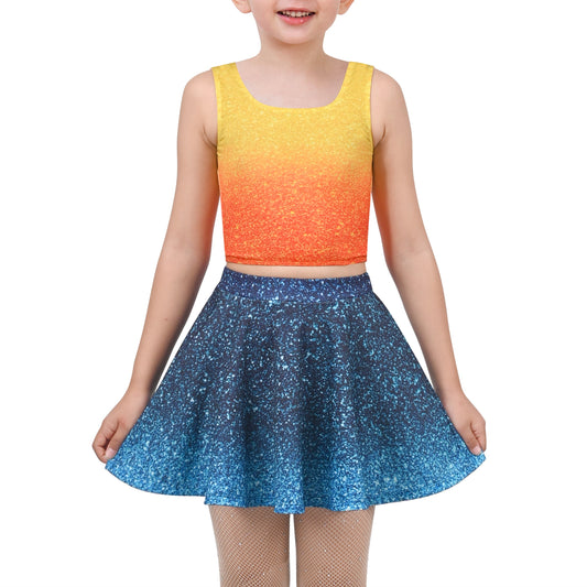 Girls 2 Piece Set Sleeveless Top Blue Sparkle Gradient Skirt Dance Jazz Blue