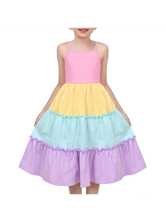 Girls Dress Rainbow Colorful Tiered Ruffle Backless Casual Holiday Cotton Purple