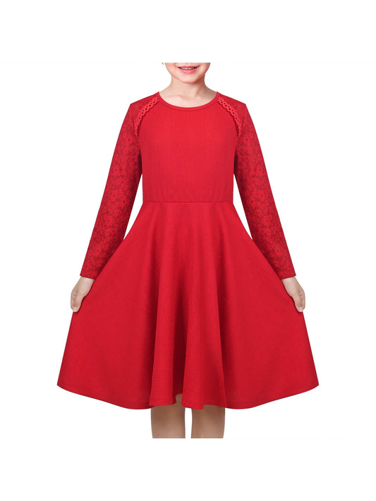 Girls Dress Red Lace Floral Hollow Back Formal Evening Long Sleeve Red