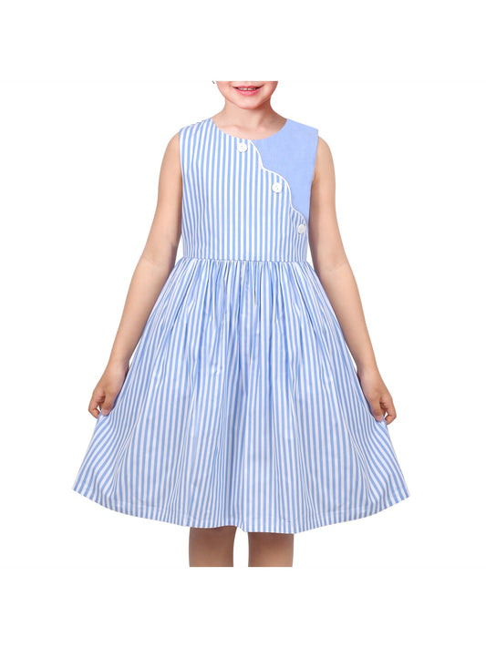 Girls Dress Colorful Floral Print Asymmetrical Color Block Sundress Blue