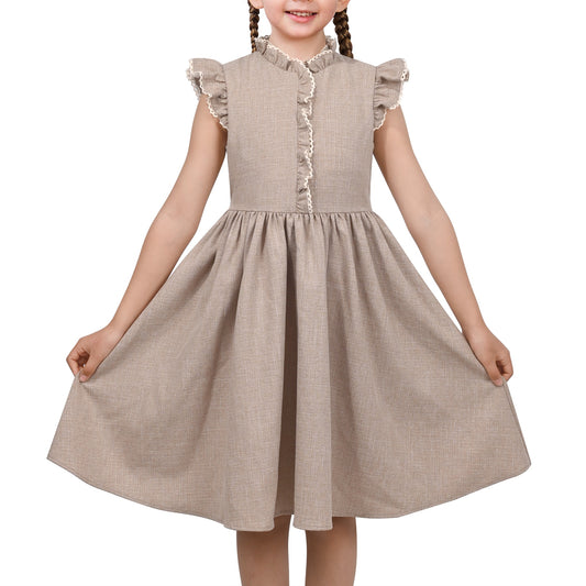 Girls Dress Royal Blue Front Button Swing Lace Flying Sleeve Vintage Beige