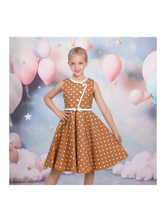 Girls Dress Polka Dot Butterfly Belt Asymmetrical Playful Brown