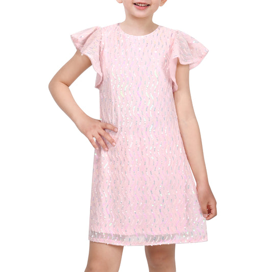 Girls Dress Pink Sequin Mesh Short Flutter Sleeve Keyhole Party Casual Pink