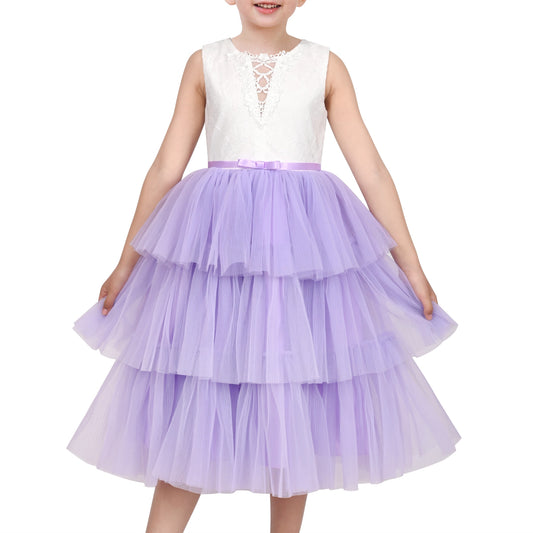 Girls Dress Purple Lace V Neck Tulle Layered Party Wedding Birthday Pageant Purple