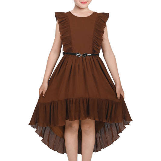 Girls Dress Coffee Ruffle Butterfly High Low Irregular Hem Sweet Birthday Party Brown
