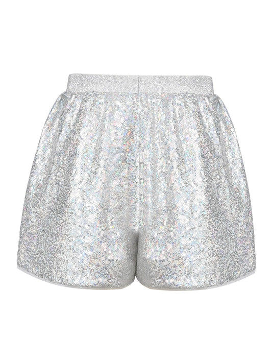 Girl Shorts Silver Sparkle Sequin Mid Waist Elastic Show Dance Party Silver