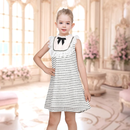 Girls Dress Striped Crochet Tweed Lace Trim Bow Sleeveless Summer Holiday Casual White