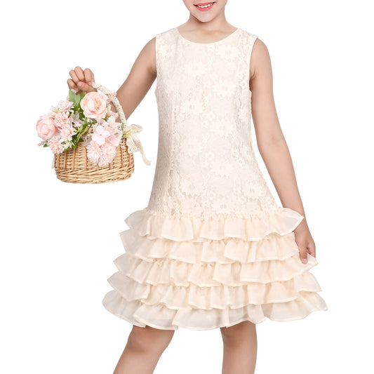 Girls Dress Beige Lace A-Line with Tiered Ruffle Hem Sleeveless Round Neck Party Wedding Beige