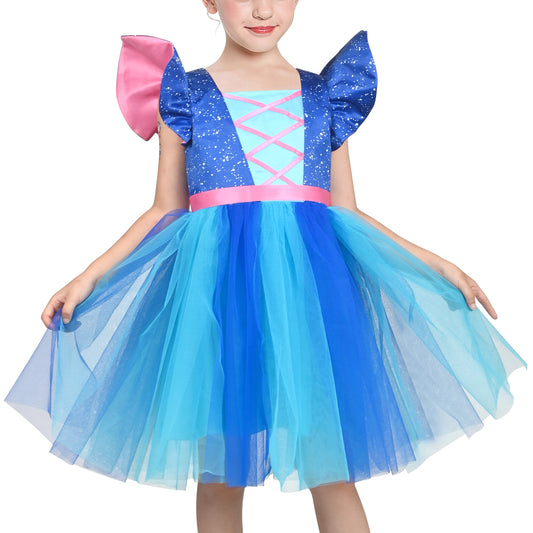Girls Dress Red Blue Clown Check Heart Halloween Party Puff Sleeve Tulle Blue