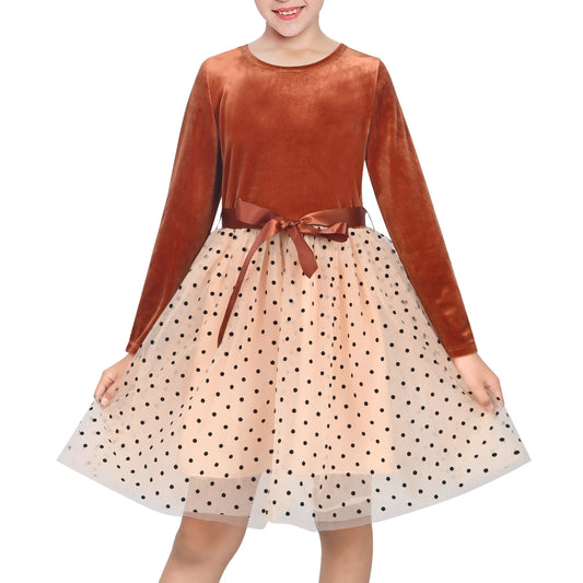 Girls Dress Rust Copper Velvet Polka Dot Plain Tulle Vintage Twirly Fall Holiday Brown