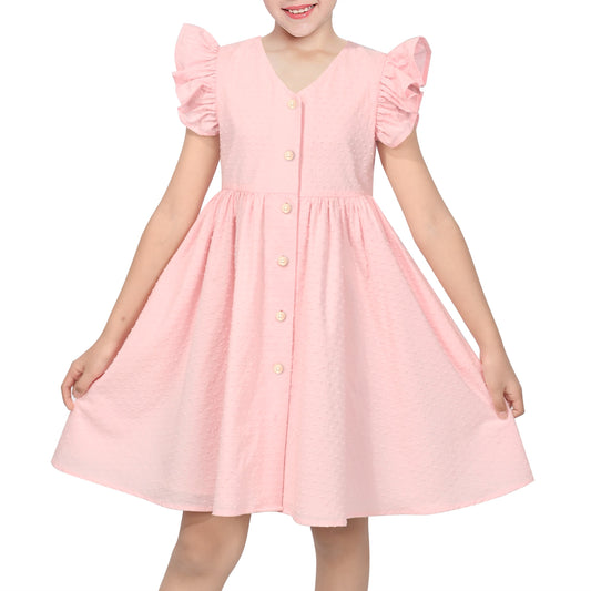 Girls Dress Lemon Button Front Swiss Dot Ruffle Cap Sleeve V Neck Party Classic Casual Pink