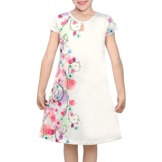 Girls Sleeveless A-Line Dress Satin Colorful Floral Print Knee Length Casual Beach Party Summer Holiday White