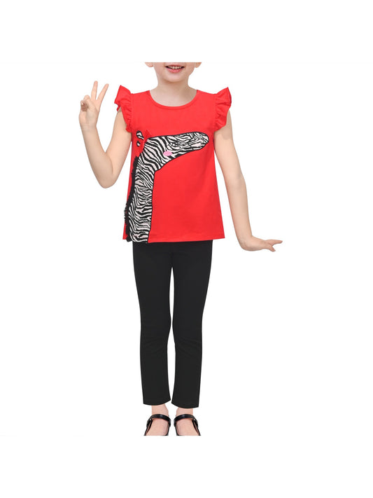 Girls 2 Piece Outfit Set, Cotton Red Zebra Print Top with Flutter Sleeves and Black Pants Red