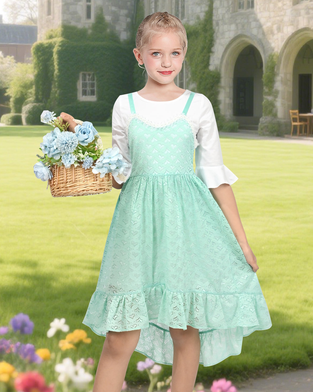 Girls Dress 2 Piece Set Green Lace Overlay Bell Sleeve Top Heart Valentine's Day High Low - Green Love Heart