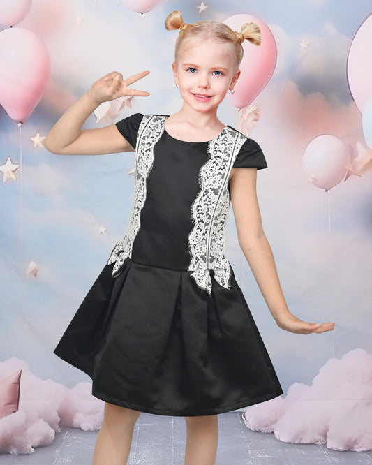 Girls Black Dress with White Lace Bow Cap Sleeve Casual Party Black