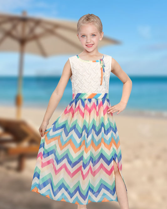 Girls Dress Sleeveless Rainbow Wave Print Striped Tea Length Summer Beach Casual Dresses Multi-Color