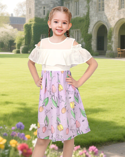 Girls Cold Shoulder Dress Chiffon Ruffle Sleeves White and Purple Tulip Floral Print Purple