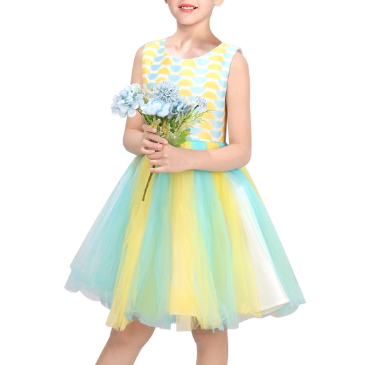 Girls Dress Sleeveless Pleated Tulle Geometric Pattern Party Wedding Casual Dress Green