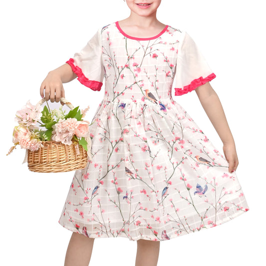 Girls Chiffon Dress Floral Bird Print Short Flutter Sleeve Casual Summer Dresses Beige