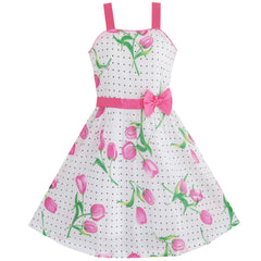 Girls Dress Pink Flower Green Leaves Black Dot Bow Tie