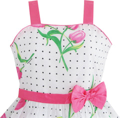 Girls Dress Pink Flower Green Leaves Black Dot Bow Tie