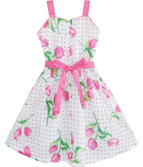 Girls Dress Pink Flower Green Leaves Black Dot Bow Tie