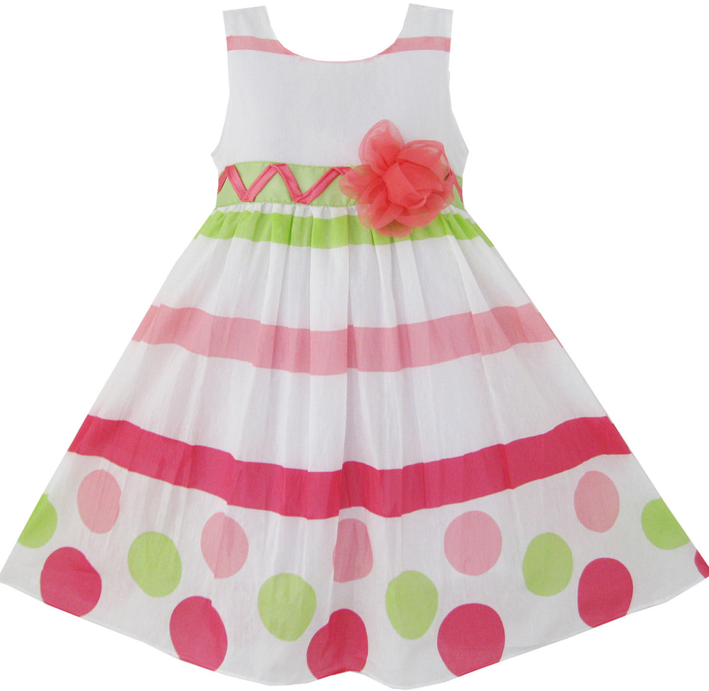 Girls Dress Dot Strip White Green Princess Birthday Size 5-8 Years