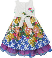 Girls Dress Blue Flower Print Detailed Trim Kids Clothing Size 2-8 Years