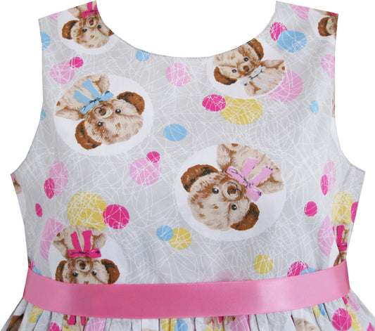 Kids Girls Bear Print Dress School Size 2-10 Years Grey