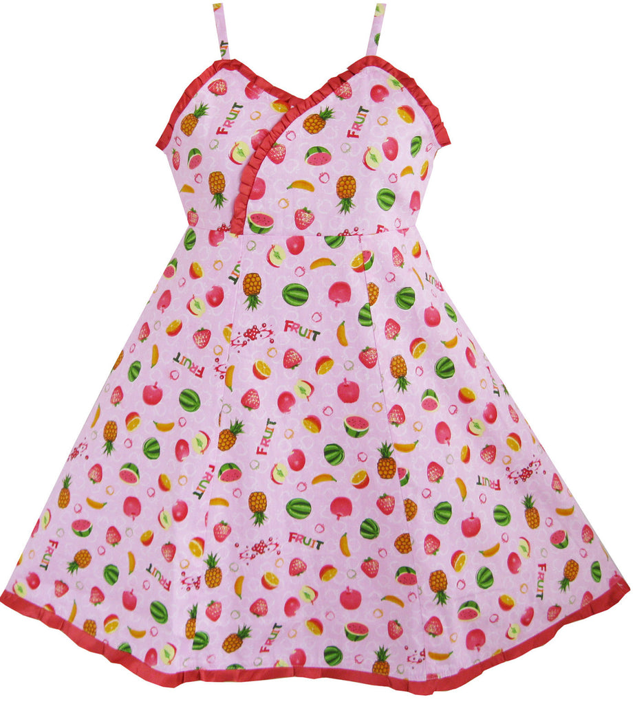 Kids Girls Fruit Print Dress Hem Trimmed Party Princess Size 4-12 Years Pink