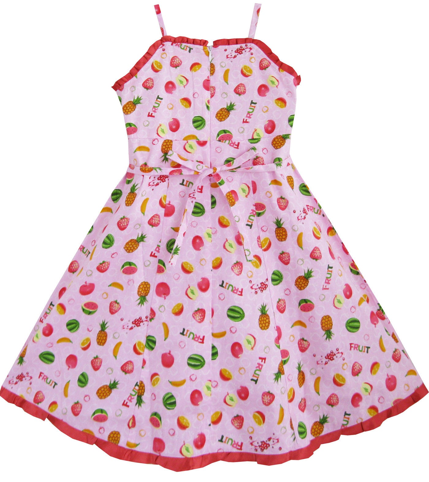 Kids Girls Fruit Print Dress Hem Trimmed Party Princess Size 4-12 Years Pink