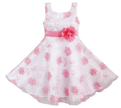 3 Layers Girls Dress Pink Embroidered Flower Tulle Bridesmaid Party Kids Size 4-12 Years