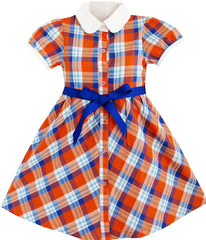 Girls Dress White Collar Orange Blue Plaid Checks School Uniform Kids Size 4-10 Years