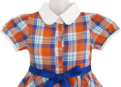 Girls Dress White Collar Orange Blue Plaid Checks School Uniform Kids Size 4-10 Years