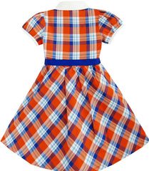 Girls Dress White Collar Orange Blue Plaid Checks School Uniform Kids Size 4-10 Years