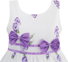 Girls Dress Purple Rose Flower Double Bow Tie Party Size 4-12 Years