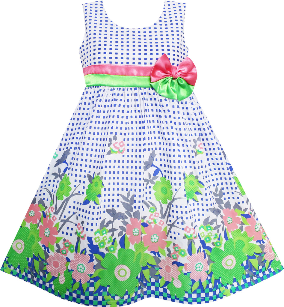 Girls Dress Double Bow Tie Green Flower Size 4-12 Years