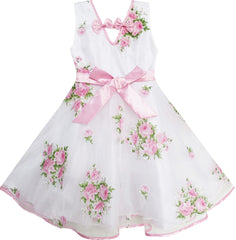 Girls Dress Pink Flower Wedding White Princess Unique Bow Size 4-12 Years