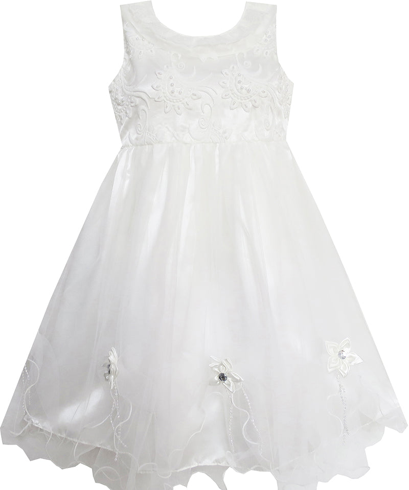 Girls Dress White Flower Embroidered Lace Collar Bridesmaid Wedding Size 5-12 Years
