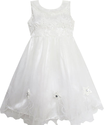 Girls Dress White Flower Embroidered Lace Collar Bridesmaid Wedding Size 5-12 Years
