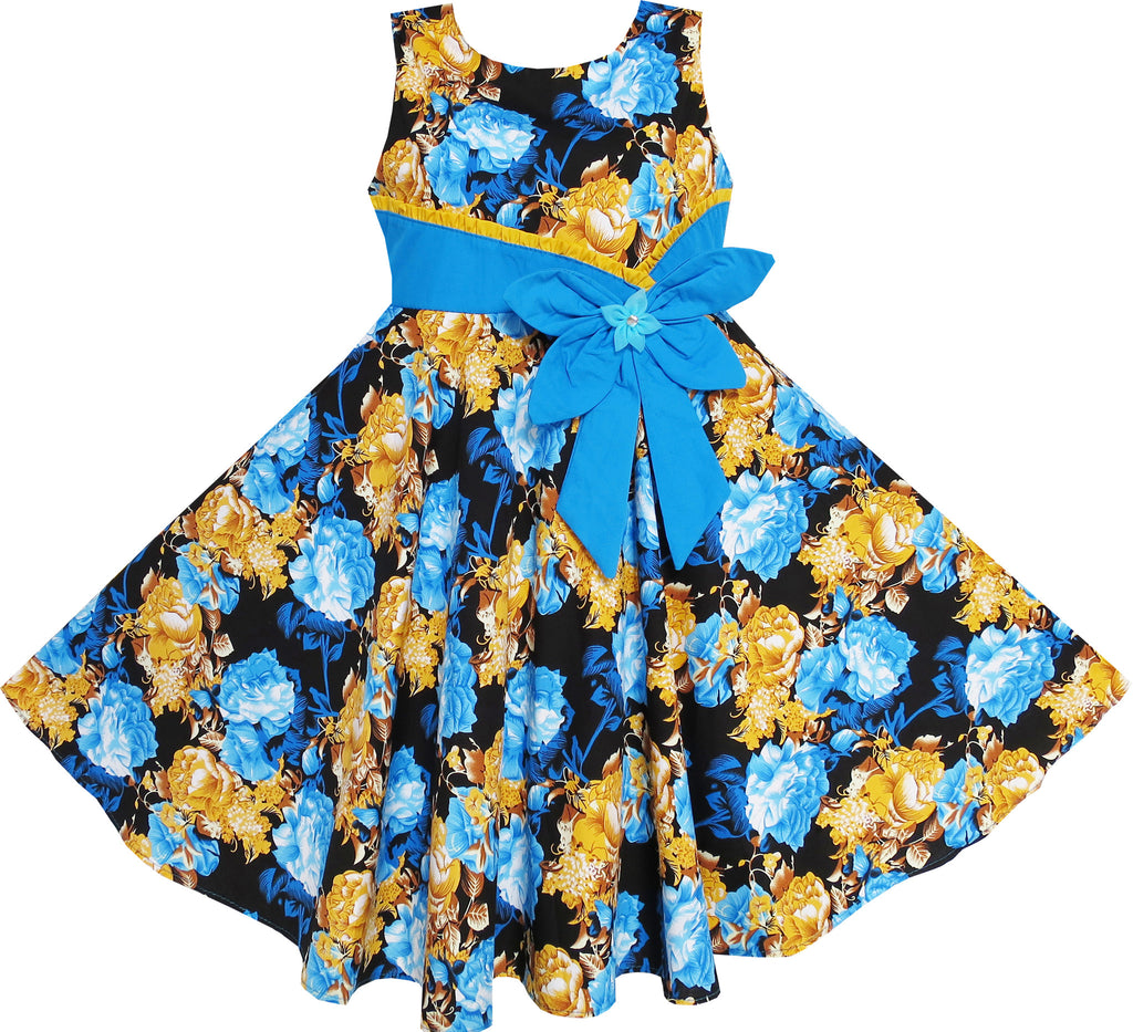 Girls Dress Bohemia Gold Blue Bow Tie Everyday Summer Clothes Size 6-12 Years