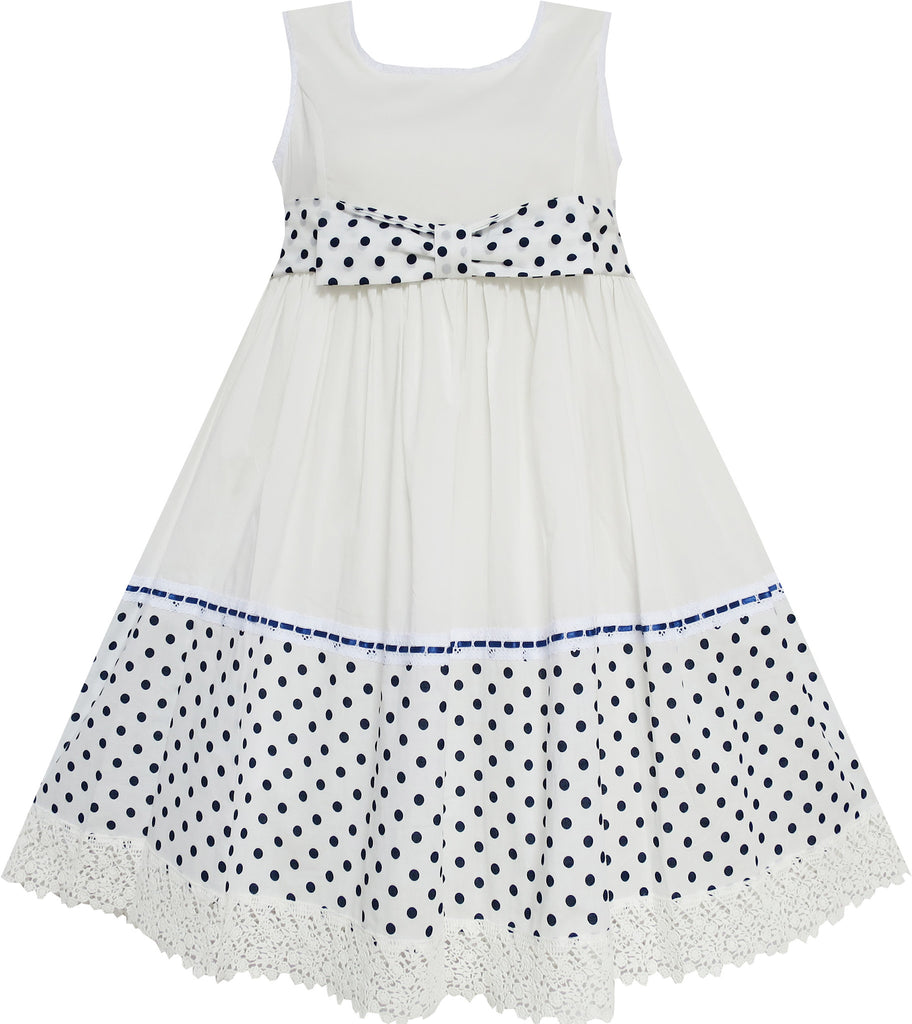 Girls Dress Dot Bow Tie White School Size 4-9 Years