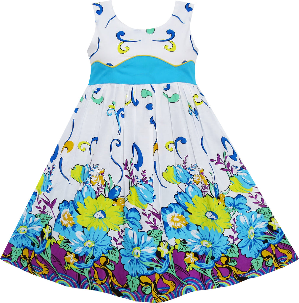Girls Dress Cornflower Blue Wave Lined Summer Camp Size 4-12 Years