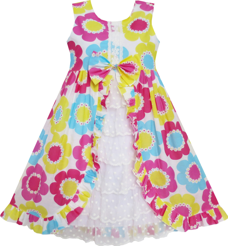 Girls Dress Yellow Red Flower Lace Tiered Pageant Party Dancing Size 4-12 Years